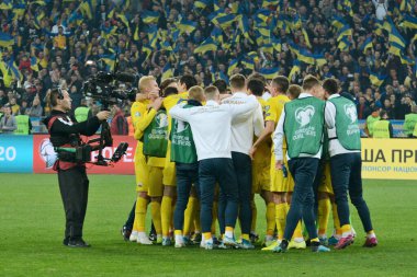 Kyiv, Ukrayna - 14 Ekim 2019: Ukraynalı oyuncular, Nsk Olimpiyskyi Stadyumu 'nda oynanan Uefa Euro 2020 ön eleme maçında Portekiz' i 2-1 yenerek finallere hak kazandılar.