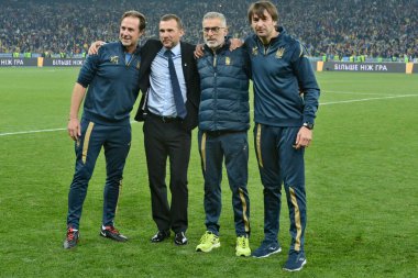 Kyiv, Ukrayna - 14 Ekim 2019: Ukraynalı oyuncular, Nsk Olimpiyskyi Stadyumu 'nda oynanan Uefa Euro 2020 ön eleme maçında Portekiz' i 2-1 yenerek finallere hak kazandılar.