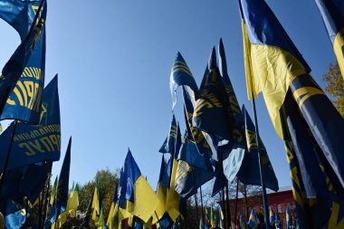 Kyiv, Ukrayna - 14 Ekim 2019: Ukrayna ordusu gazileri Ukrayna 'nın merkezindeki Anavatan Günü Savunması mitingine katıldılar