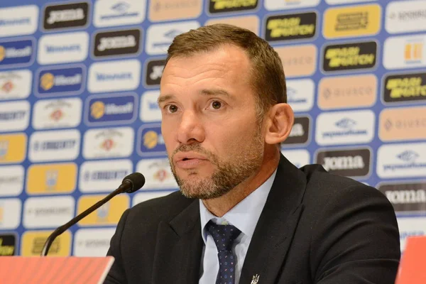 Kyiv Ucrania Octubre 2019 Entrenador Ucrania Andriy Shevchenko Durante Conferencia — Foto de Stock