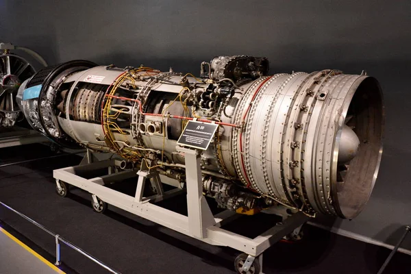 stock image KYIV, UKRAINE - OCTOBER 19, 2019: Dual-circuit turbojet engine D-30 at the Museum of Aviation of Ukraine 