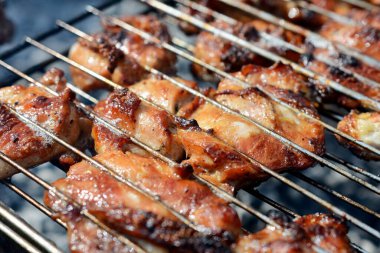 Piquant et parçaları ateşte barbekü pişirir.