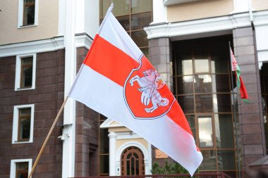 KYIV, UKRAINE - 13 Ağustos 2020: Beyaz Rusya 'nın Kyiv' deki Belarus Büyükelçiliği yakınlarındaki bir mitingde Beyaz Rusya bayrağı