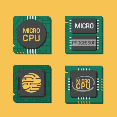 Vektör simge bilgisayar çipi işlemci ayarlayın. Cips yazıt ile farklı şekiller: mikroçip, mikroişlemci, çip, Cpu.