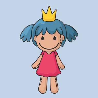 Vektör simgesi bir bez bebek prenses. Çocuklar oyuncak bebek mavi saç, bir taç ve pembe bir elbise vardır.