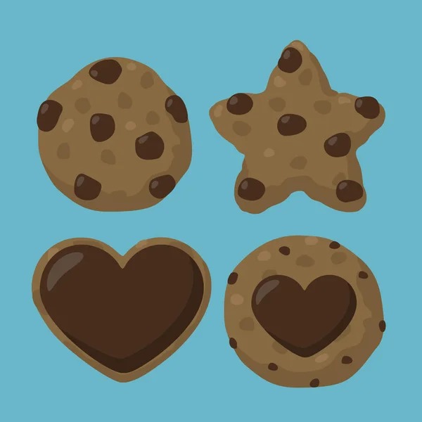 矢量集图标巧克力片饼干和巧克力片 一个圆圈的形式的曲奇饼 一颗星星曲奇饼 一个心形巧克力曲奇饼 一颗巧克力心的圆曲奇饼 — 图库矢量图片