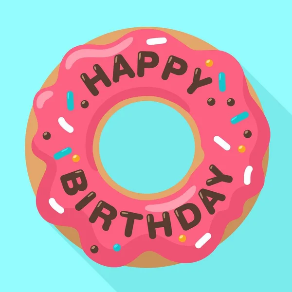 Vektör Doğum günü simgesi pembe bir sır içinde tatlı bir donut. Çörek çikolata yazı: iyi ki doğdun. Bir tatlı bir düz stil gösteren resim.