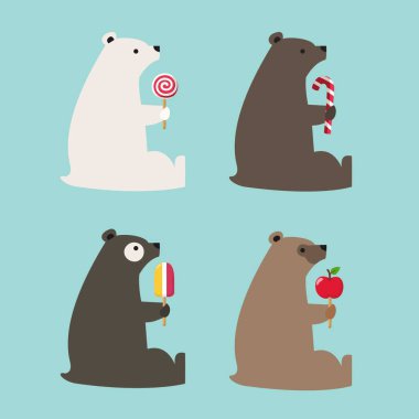 Farklı renkteki ayı simgeler vektör kümesi. Ayılar dondurma, lolipop, şeker ve bir elma tutun. Ayı içinde düz stil.