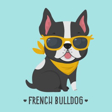 Simge köpek ırkları Fransız buldozer vektör. Köpek yavrusu Bulldog sarı gözlük. Fransız buldozer siyah renk.