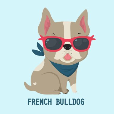 Simge köpek ırkları Fransız buldozer vektör. Pembe gözlüklü köpek yavrusu Bulldog. Fransız buldozer bej renk