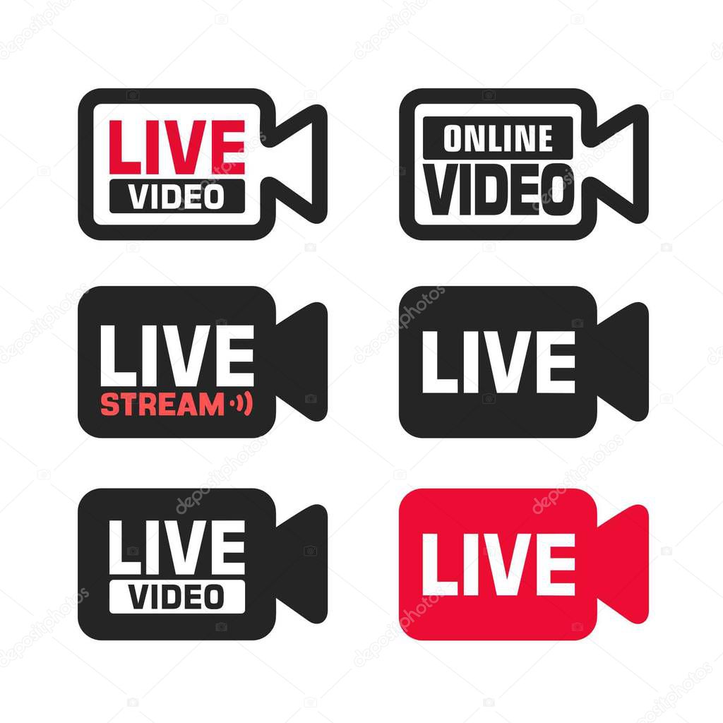 Vector set of tech online video sign icon. Video camera with the text: live, online, video stream.  Illustration of a camcorder sign in flat minimalism style.