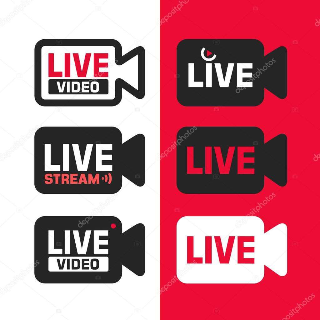 Vector set of tech online video sign icon. Video camera with the text: live, online, video stream.  Illustration of a camcorder sign in flat minimalism style.