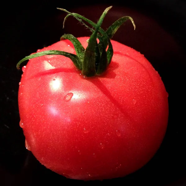 Pembe domates makro fotoğraf. Siyah bir arka plan üzerinde su damlacıkları ile Sulu Kırmızı Domates. Yeşil yaprakları ile Sebze domates.