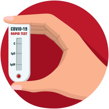 Tıbbi ikon kan covid-19 ekspres testi elimizde. Görüntü virüsü covid-19 hızlı test. Düz dizaynda hızlı virüs testi
