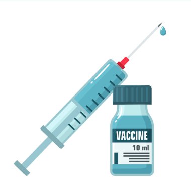 Tıbbi ikon ampul aşısı ve şırınga vektörü. Resim aşısı ve şırınga. Çizim antiviral aşıyı düz bir şekilde gösteriyor.