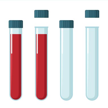 Vektör bilim ikonu kan testi tüpü. İçinde kan ve boş test tüpü olan bir resim şişesi. İllüstrasyon tıbbi test tüpü düz stil.