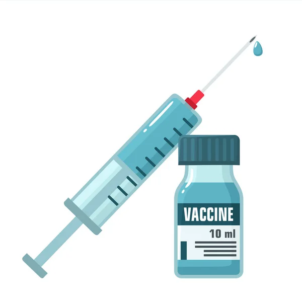 Tıbbi ikon ampul aşısı ve şırınga vektörü. Resim aşısı ve şırınga. Çizim antiviral aşıyı düz bir şekilde gösteriyor.
