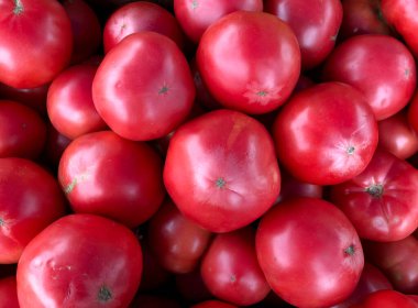 Kırmızı kirazlı domatesin Macro fotoğrafı. Meyve sebze domatesleri sıra sıra uzanır. Stok fotoğrafı Arka plan küçük domatesler 