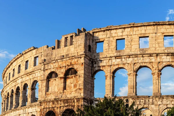 Ancient Roman arena in Pula, Istria, Croatia. The Arena is the only remaining Roman amphitheatre to have four side towers and with all three Roman architectural orders entirely preserved