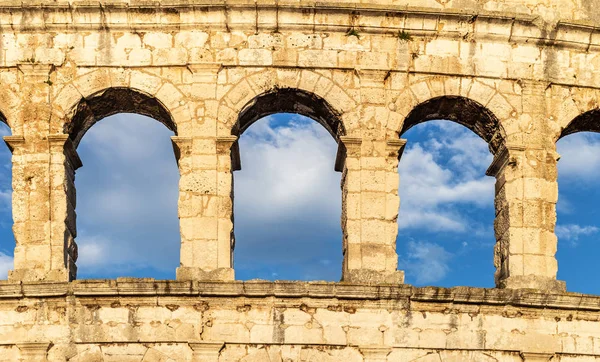 Part of ancient Roman arena in Pula, Istria, Croatia. The Arena is the only remaining Roman amphitheatre to have four side towers and with all three Roman architectural orders entirely preserved