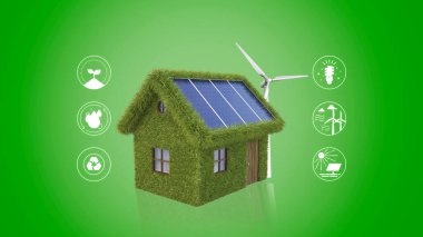 Sürdürülebilir kalkınma, ekoloji ve çevre koruma kavramı, sürdürülebilirlik ikonları, yenilenebilir enerji, insanlar ve doğal kaynaklar ile çevrili Güneş enerjisi ve türbinli ev, geri dönüşüm