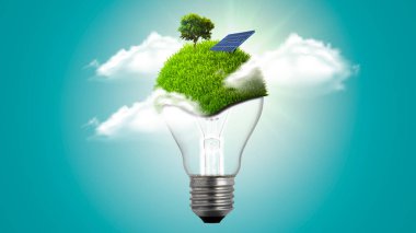 Sürdürülebilir kalkınma, ekoloji ve çevre koruma kavramı Yeşil alan ve güneş enerjili ampul, yenilenebilir enerji, insanlar ve doğal kaynaklar, geri dönüşüm