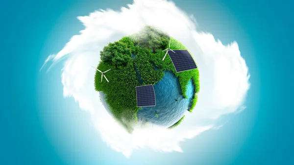 Conceito Terra Sustentável Globo Com Usinas Eólicas Continentes Verdes Salvar — Fotografia de Stock