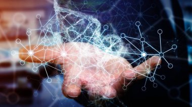 El yapımı veri akışına sahip iş adamı, akıllı el, IoT, veri akışı, veri dönüşümü