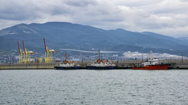 Porto commerciale marittimo, ai piedi delle montagne, panorama — Foto Stock