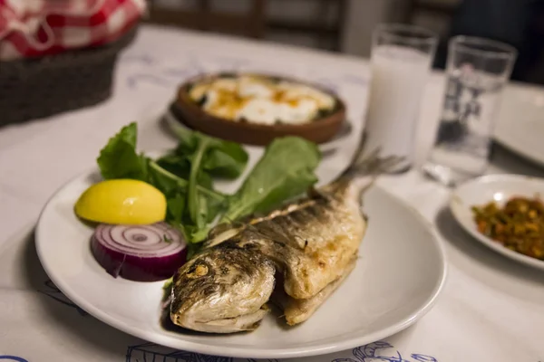 Bream Fish Plate Dinner Table Turkish Raki — Stock Photo, Image