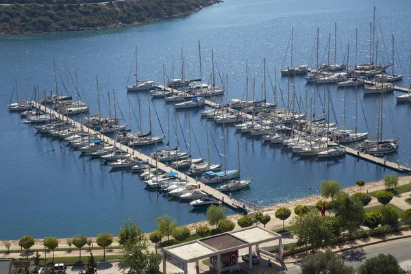 Panoramautsikt Över Flygfoto Marinan Populära Semesterorten Kas Turkiet — Stockfoto