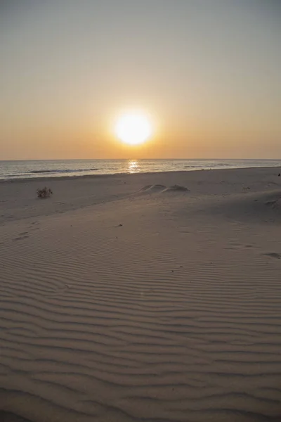 日落桑迪海滩背景为夏天 沙纹理 复制空间 — 图库照片
