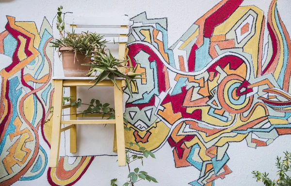 Decoration Old Vintage Wooden Chair Colorful Wall — Stock Photo, Image