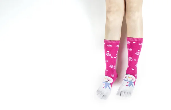 New Year Winter Girl Socks White Background — Stock Photo, Image