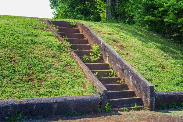 Oude Concrete Stappen Omhoog Een Groene Met Gras Begroeide Heuvel — Stockfoto