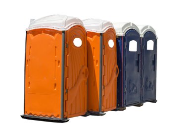 Horizontal Shot of Four Bright Colored Portable Potties.  Two are orange and two are dark blue.  Isolated on white. clipart