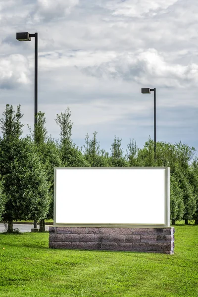 Horizontal Shot Large Blank White Sign Green Tree Background Cloudy — Stock Photo, Image