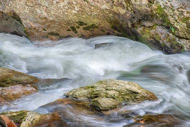Güzel dönen acele suya bir Tennessee dağ dere yatay çekim.