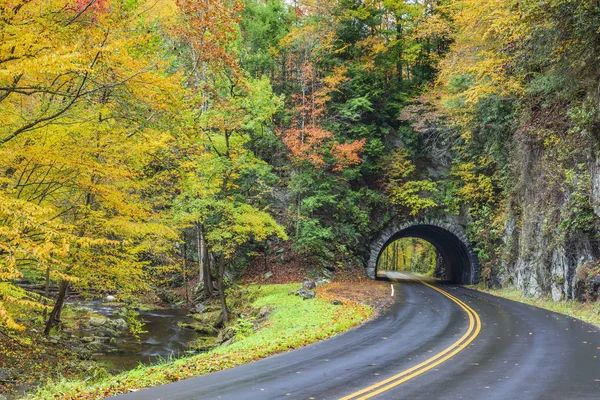 A road curving towards a Smoky Mountain Tunnel with colorful Autumn foliage.