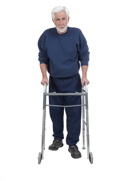 Angry Older Man With Walker Isolated On White — Stock Photo, Image