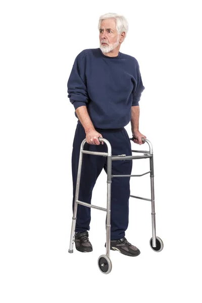 Angstig oude Man met Walker geïsoleerd op Whit achterom — Stockfoto