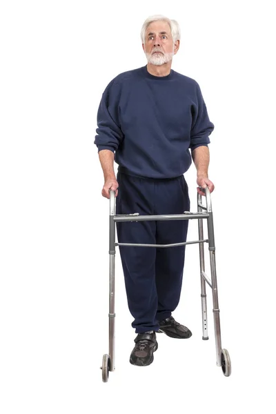 Elderly Man With Walker Looking Up and Away Isolated — Stock Photo, Image