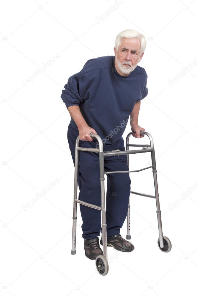 Suspicious Old Man With Walker Isolated On White