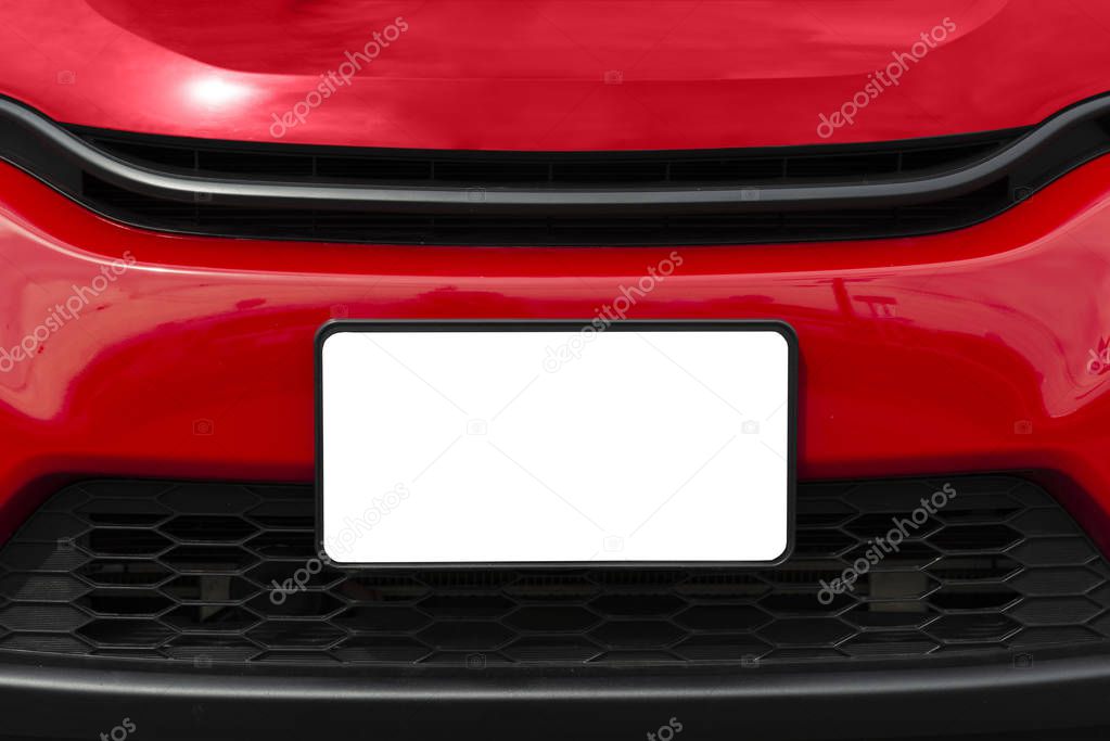 Blank White Front License Plate On Red Car With Copy Space