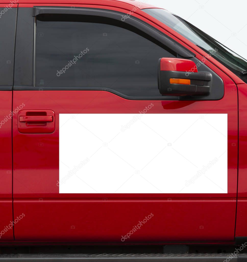 Blank White Magnetic Sign On Red Vehicle With Copy Space