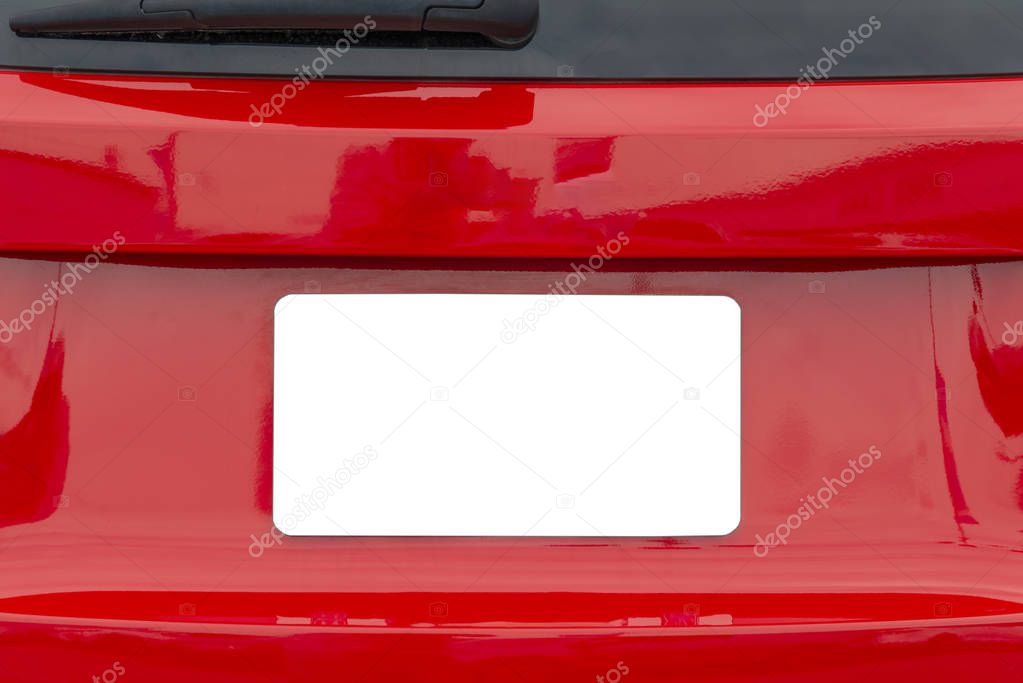 Blank White License Plate On Red Car With Copy Space