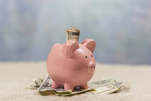 Piggy Bank On Beach With Money Shallow DOF