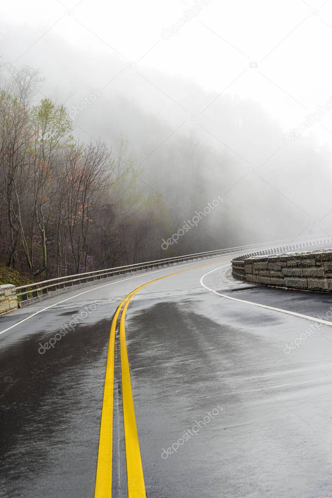 Curving Smoky Mountain Road Disappears Into Fog With Copy Space