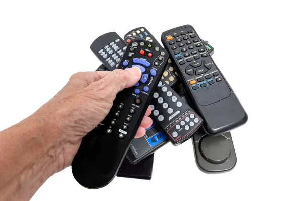 Hand duwen knop op Remote van dichtbij — Stockfoto