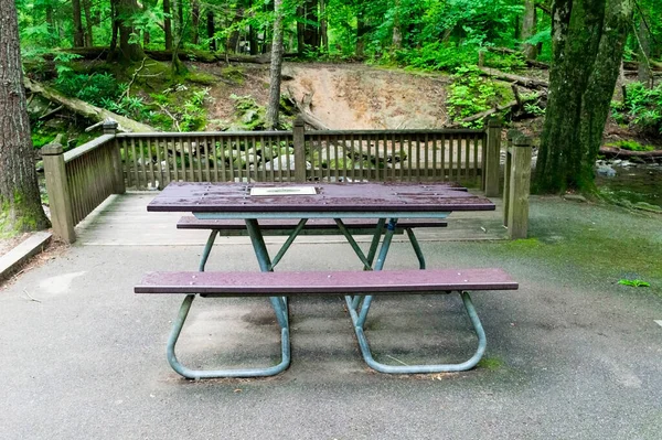 Horizontal Shot Picnic Table Wooded Area Fence — Stock Photo, Image